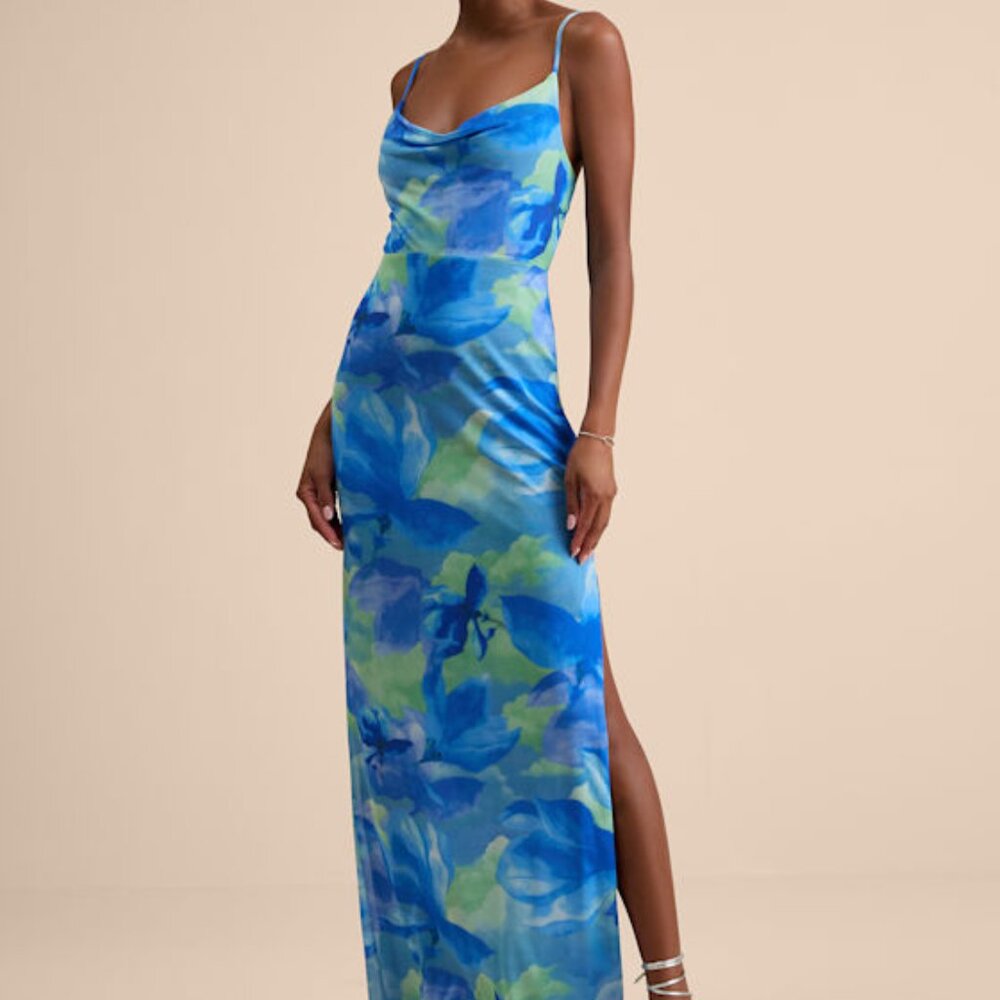Lulus Sunniva Blue Multi Print Mesh Cowl Maxi Dress - Size M